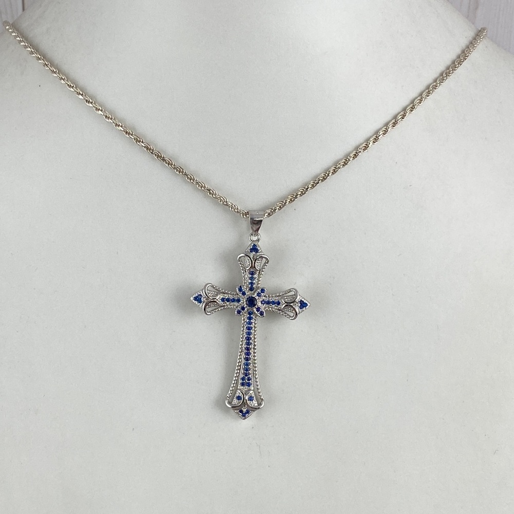 Sold Blue Sapphires 925 Silver Cross - Picture 7 of 10